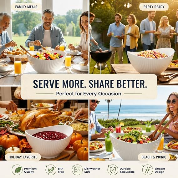 Ceramic Large Salad Bowl 26cm/10'',1700ml Oval Serving Bowl with Wooden Spoon & Fork, Lightweight White Fruit Bowl for Entertaining, Dinner Parties, Family Gatherings, Microwave & Dishwasher Safe