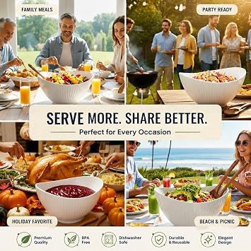 Ceramic Large Salad Bowl 26cm/10'',1700ml Oval Serving Bowl with Wooden Spoon & Fork, Lightweight White Fruit Bowl for Entertaining, Dinner Parties, Family Gatherings, Microwave & Dishwasher Safe