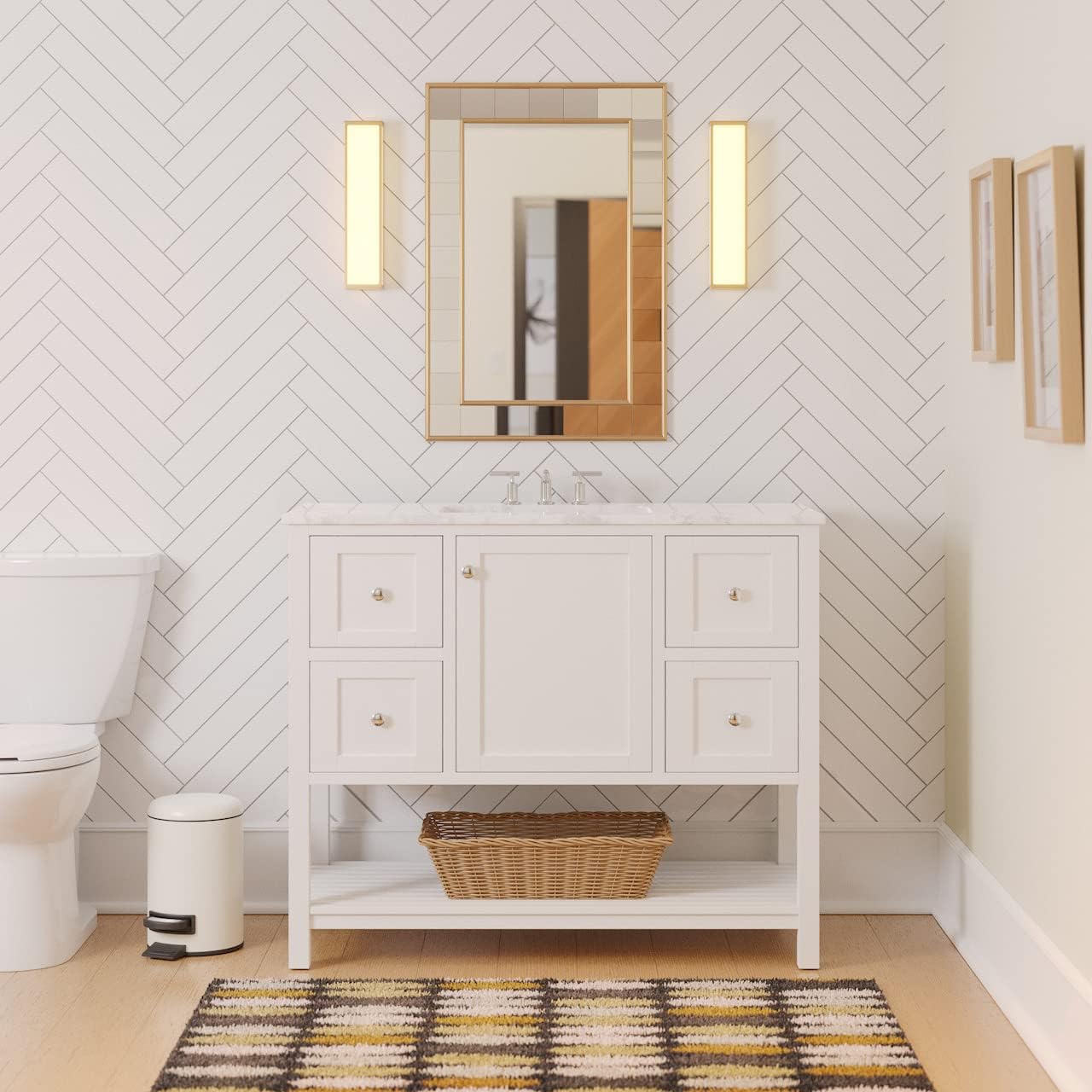 Lakeshore 42-inch Bathroom Vanity (Engineered Carrara/White): Includes White Cabinet with Engineered Carrara Countertop and White Ceramic Sink