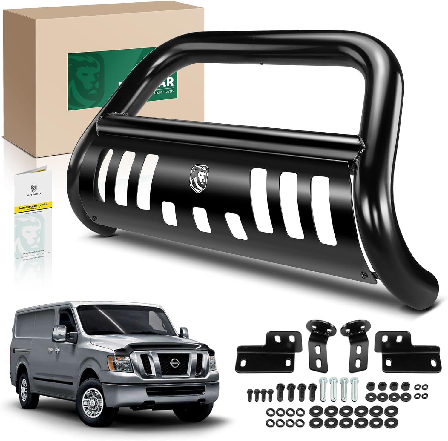 YHTAUTO 3" Bull Bar Push Bar w/Skid Plate Light Mount Fit Nissan Models, Titan XD 2016-2022, NV1500 NV2500 NV3500 2012-2021, Alloy Steel Brush Guard for Truck Front Bumper Off Road Accessories