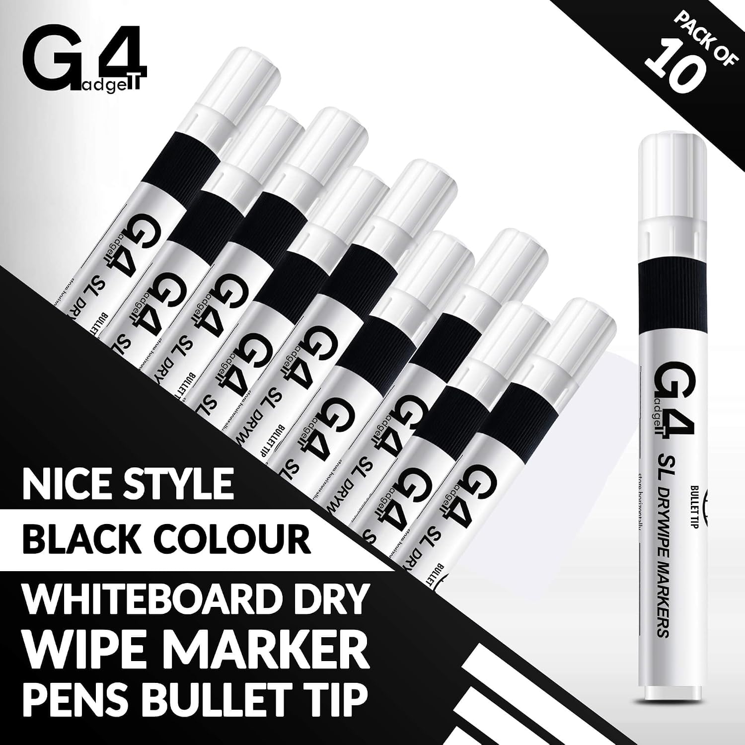 G4GADGET Nice Style Pack of 10 Non-Toxic Ink Black Colour Whiteboard Dry Wipe Marker Pens - Mise en situation et utilisation