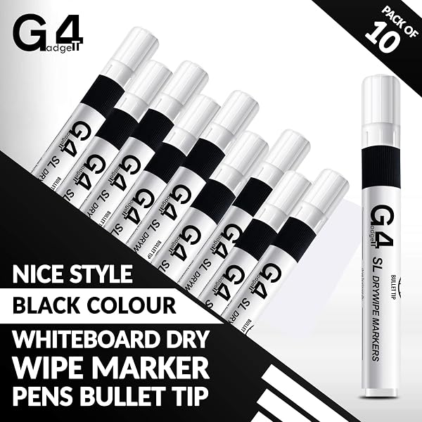 G4GADGET Nice Style Pack of 10 Non-Toxic Ink Black Colour Whiteboard Dry Wipe Marker Pens Bullet Tip - 3