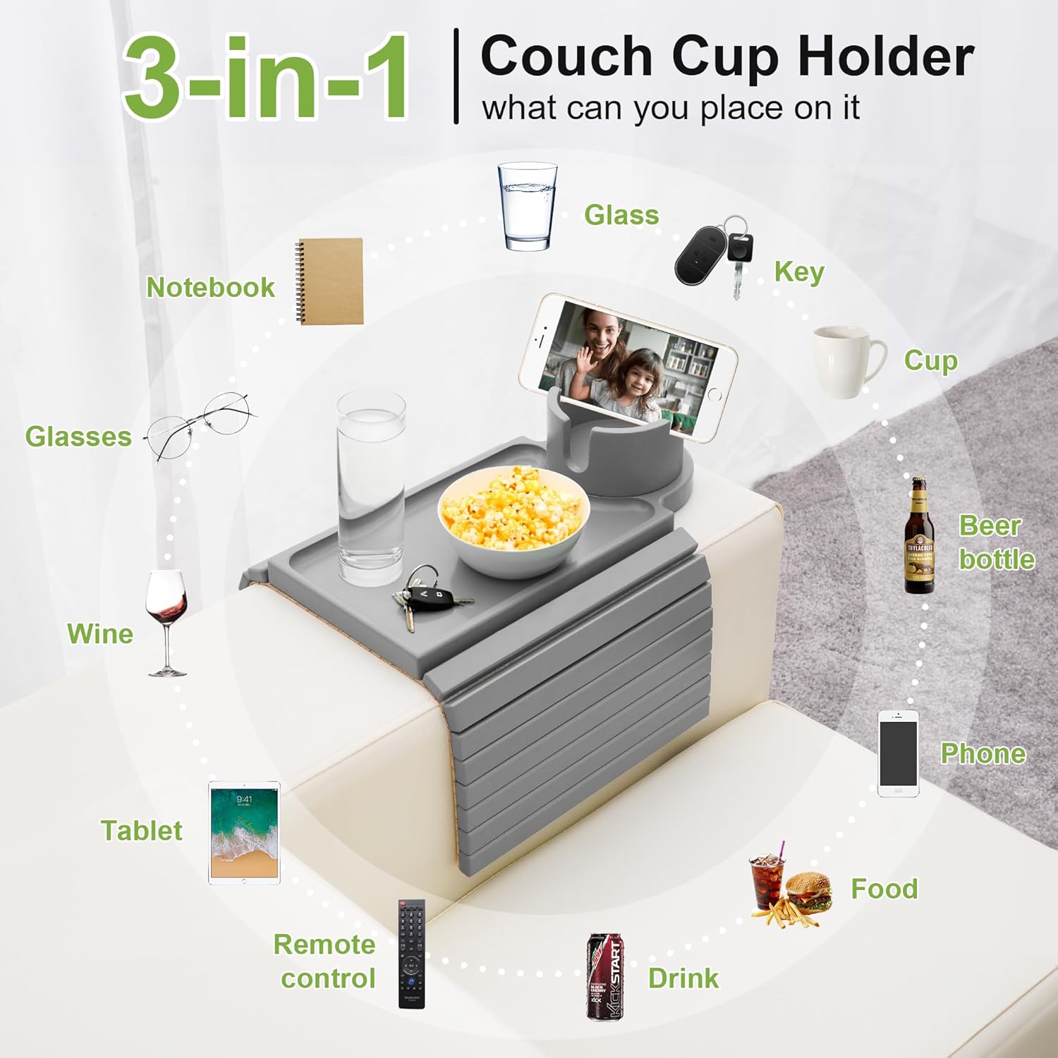 Couch Cup Holder - 3 in 1 Couch Arm Table Tray with 360° Rotating Cup Holder for Couch,Anti-Slip Arm Chair Rest Table for Large Wide Sofa Armrest, Foldable Side Table for Drinks Snacks