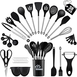 38 Pieces Kitchen Utensils Set, BEWOS Silicone Cooking Utensils Set with Spatula, Utensil Holder and Measuring Spoons, Nonstick Heat Resistant, Black Kitchen Gadgets, Stainless Steel Handle