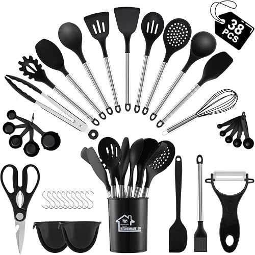 38 Pieces Kitchen Utensils Set, BEWOS Silicone Cooking Utensils Set with Spatula, Utensil Holder and Measuring Spoons, Nonstick Heat Resistant, Black Kitchen Gadgets, Stainless Steel Handle