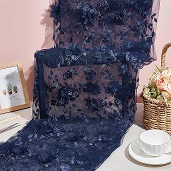 NBEADS 1.7-2yards Embroidered Flower Fabric, 51-55inch Wide 3D Flower Organza Lace Fabric Floral Mesh Embroidery for Sewing DIY Custom Clothes Party Dress Home Decoration, Prussian Blue