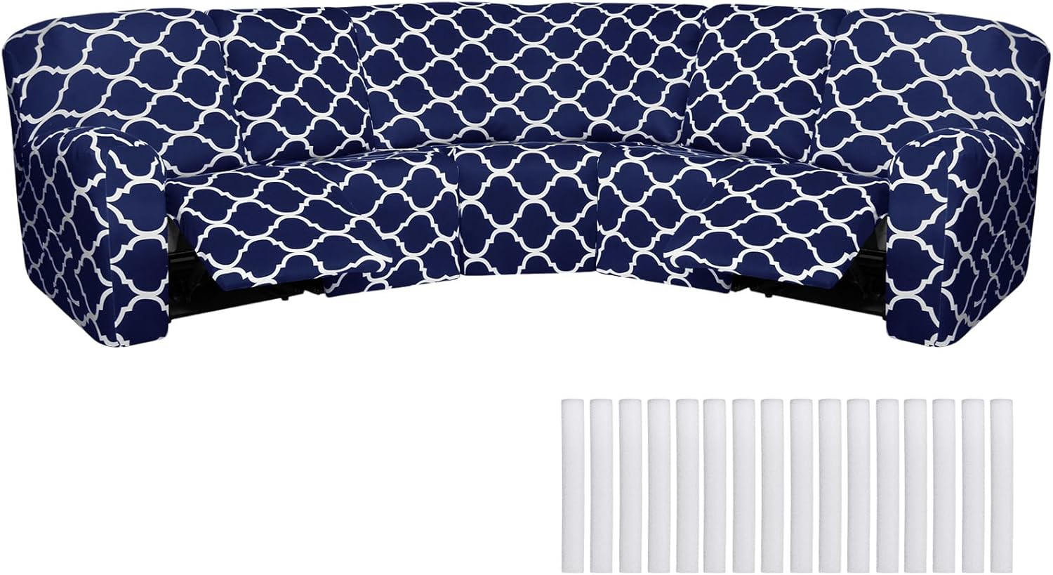 Peryiter 7 Pcs Printed L Shape Sectional Recliner Sofa Covers 5 Seat Sectional Couch Covers Milk Silk Velvet Stretch Reclining Sofa Slipcover Furniture Protector for Living Room(Navy Blue)