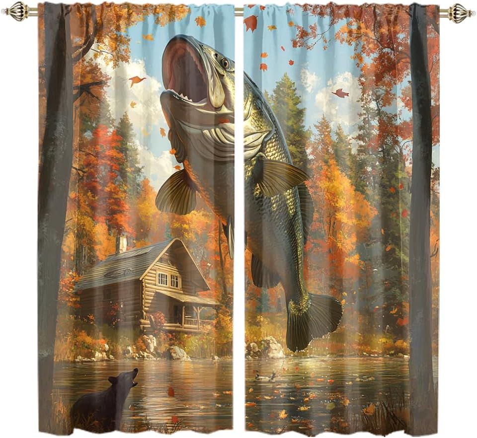Watercolor Rustic Cabin Animal Cow Blackout Curtains Watercolor Autumn Forest Hunting Theme Fishing Waterfalls Thermal Insulated Curtains for Living Room Bedroom 2 Panels 54" L x 21" W