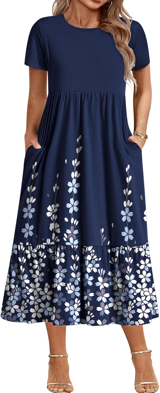 IN'VOLAND Women Plus Size Short Sleeve Dress Loose Plain Casual Summer Flowy Tiered Long Maxi Dresses with Pockets