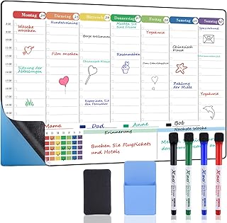 POPRUN Whiteboard Wochenplaner Abwischbar Selbstklebend für die Kühlschrank, Wand, Glas und Holz(jede glatte Oberfläche) Familienplaner, Planungstafel, Haushaltsplan, Essensplaner, 42×28cm auf Deutsch
