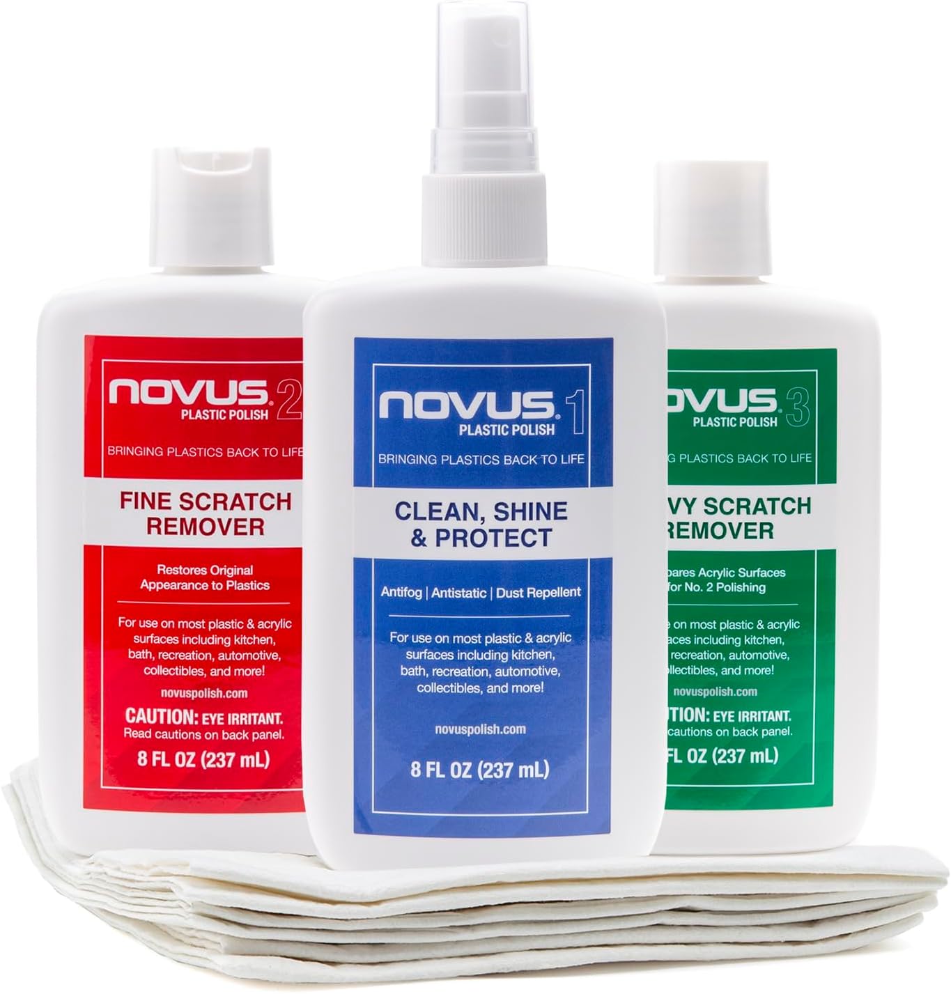NOVUS Plastic Polish | 6ct Polish Mates Pack | Plastic Clean & Shine #1, Fine Scratch Remover #2, Heavy Scratch Remover #3 | Extra Novus #2 Bottle | 8 Ounce Bottles