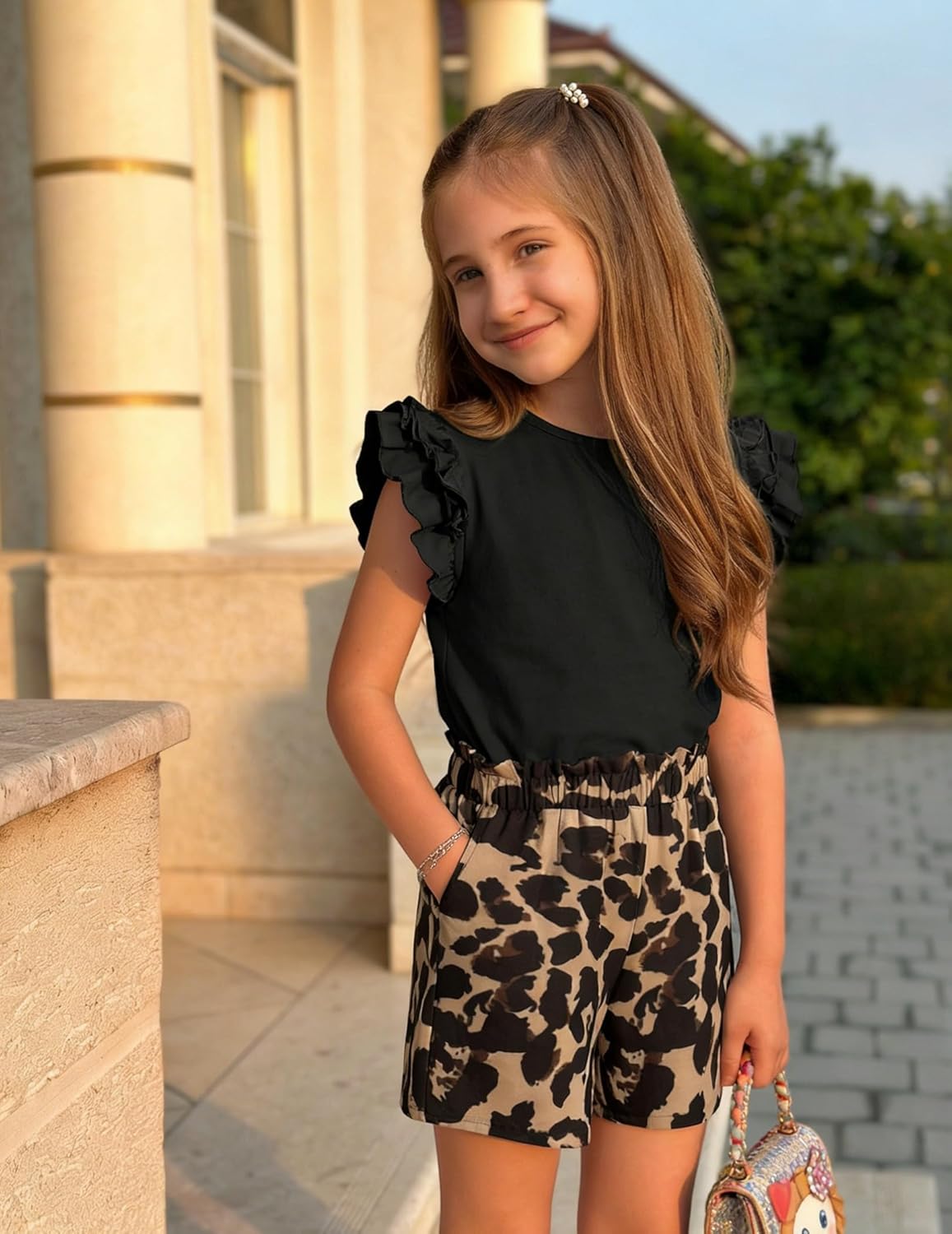 Arshiner Girls 2 Piece Outfits Summer Clothes Ruffle Short Sleeve Shirts Top and High Waist Paper Bag Shorts Set with Pockets - Image 6