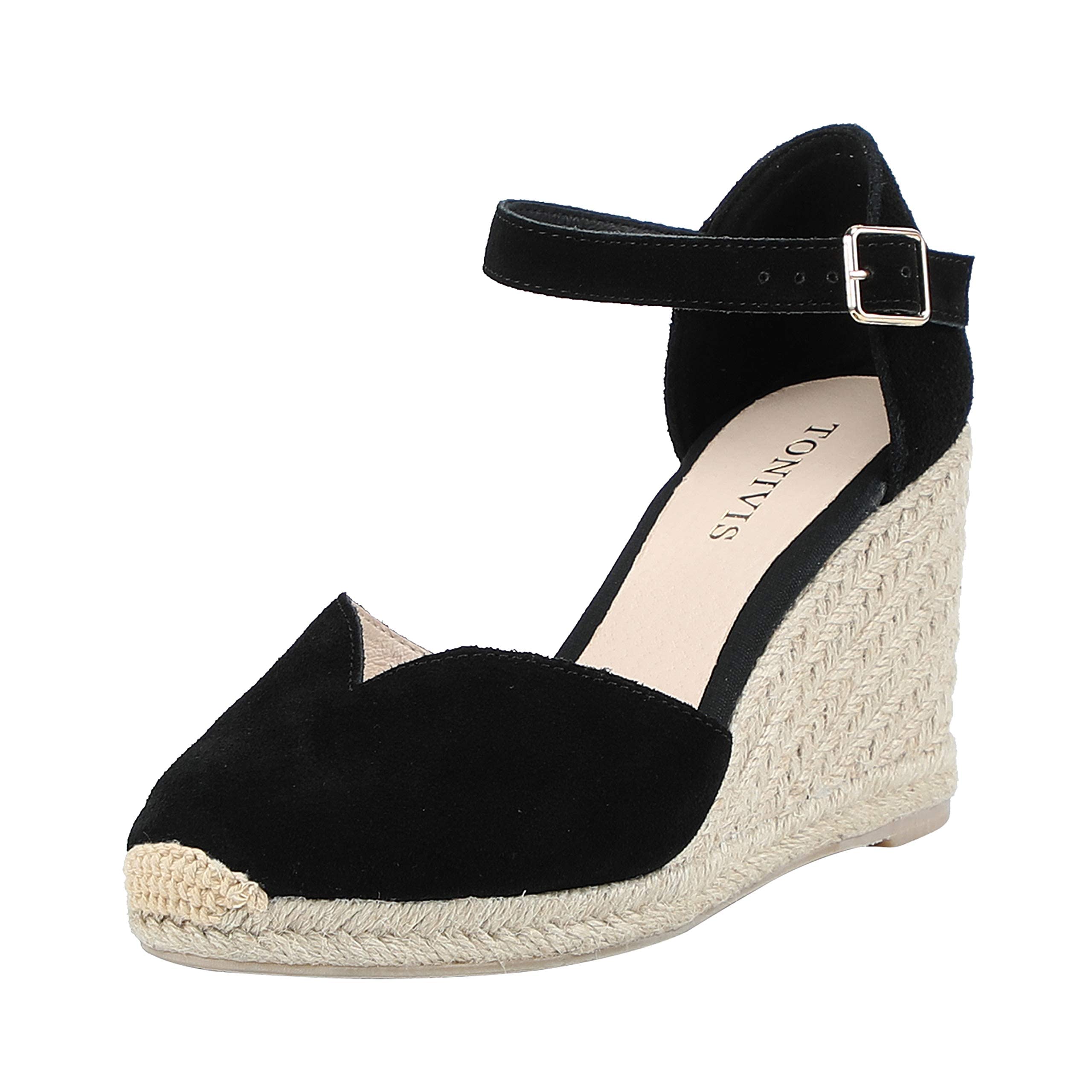 TONIVIS Platform Wedges Sandals for Women, 3" Wedge, Ankle-Strap, Cap Toe, Summer Espadrilles Heel Shoes