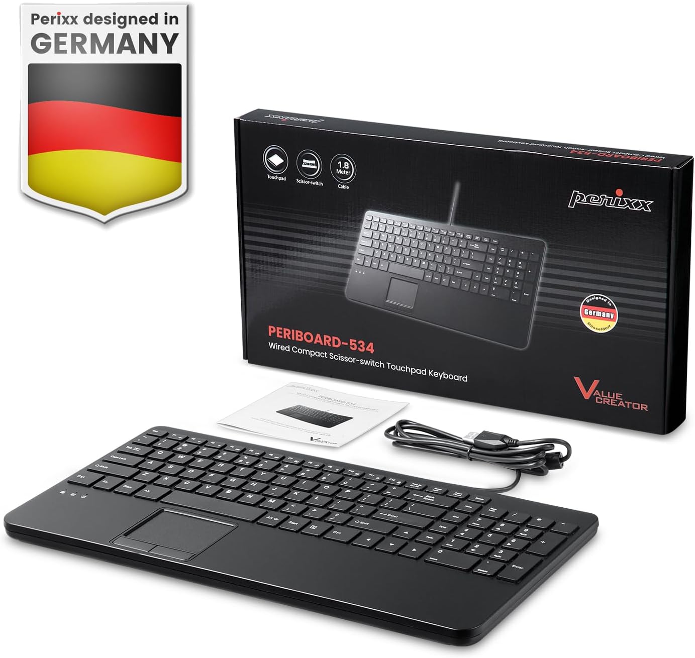 Perixx PERIBOARD-534 US, Wired Compact USB Keyboard with Touchpad - X Type Scissor Keys - 15.63x7.80x1.18 inches - Build-in 2 USB Hubs and Number Pad