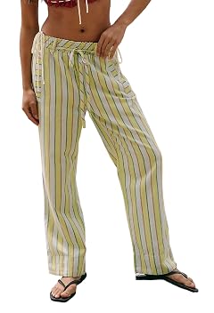 UAURORAO Women Patchwork Striped Pants Straight Leg Drawstring Waist Contrast Color Lounge Trousers Casual Long Pants
