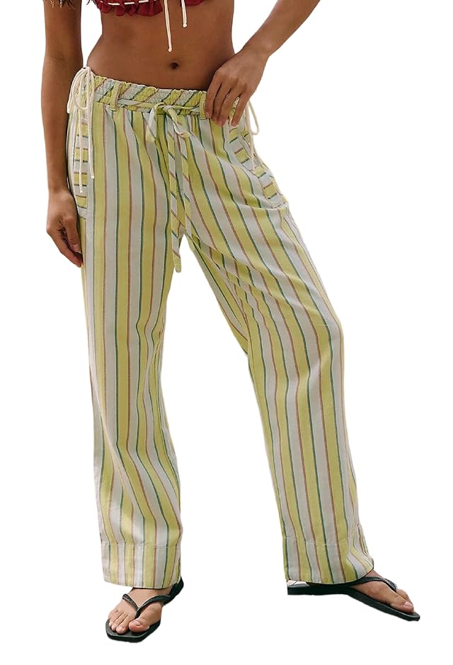 UAURORAO Women Patchwork Striped Pants Straight Leg Drawstring Waist Contrast Color Lounge Trousers Casual Long Pants