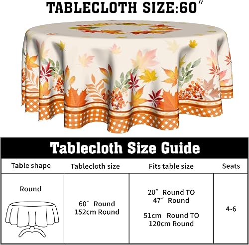 Miniatura 2 de Giwawa Mantel redondo de hojas de arce de 60 pulgadas de cosecha de otoño, decorativo, lavable, reutilizable, para fiestas, picnic, cocina, comedor