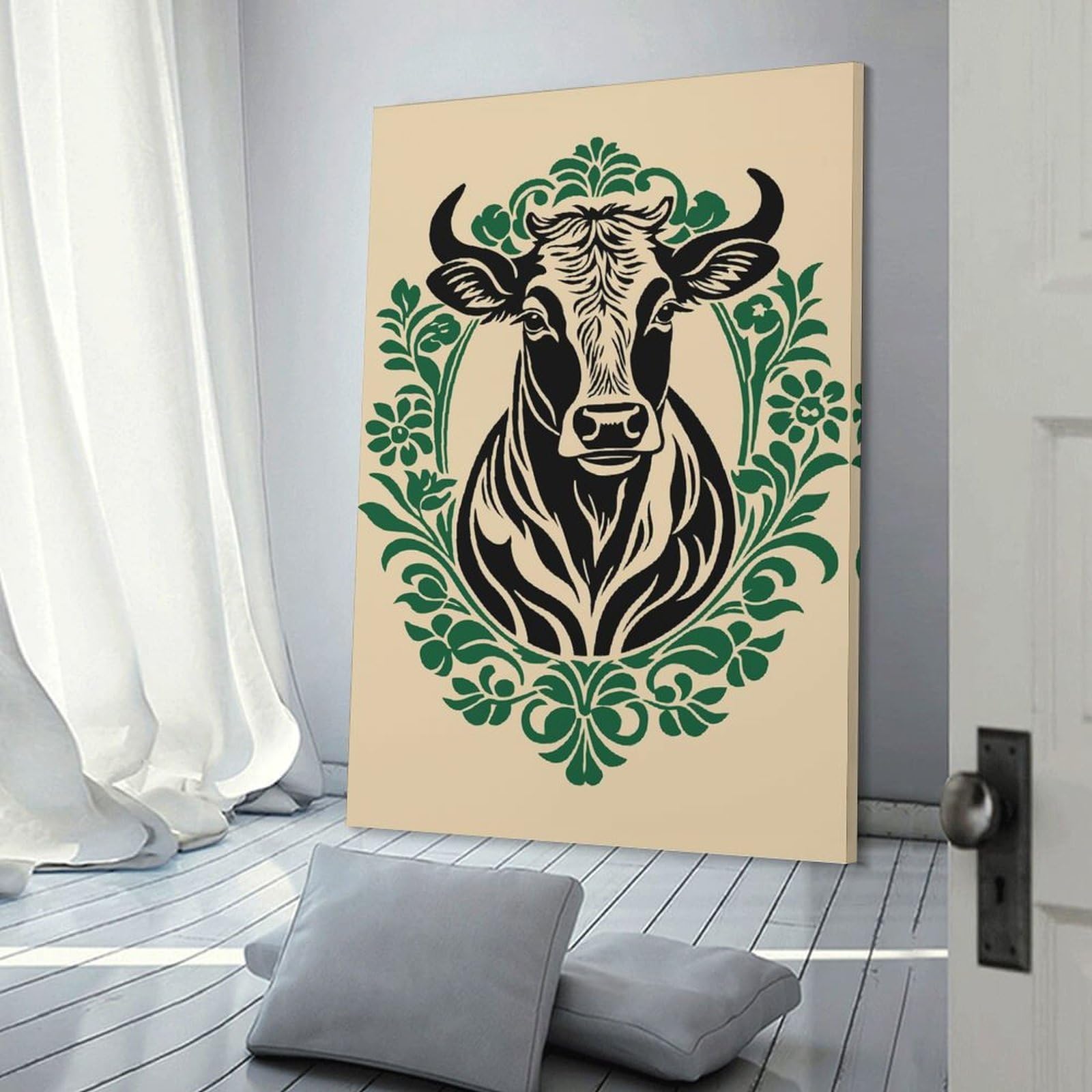 Junmoney Room Decor Wall Art Cow Portrait with Floral Ornament, 24x36inch(60x90cm), for Feature Walls in Flats Or Modern Rooms, An Easy Match for Collected Prints