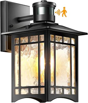 Motion Sensor Outdoor Lights, Dusk to Dawn Wall Sconce, Black Exterior Lantern for Porch and Garden