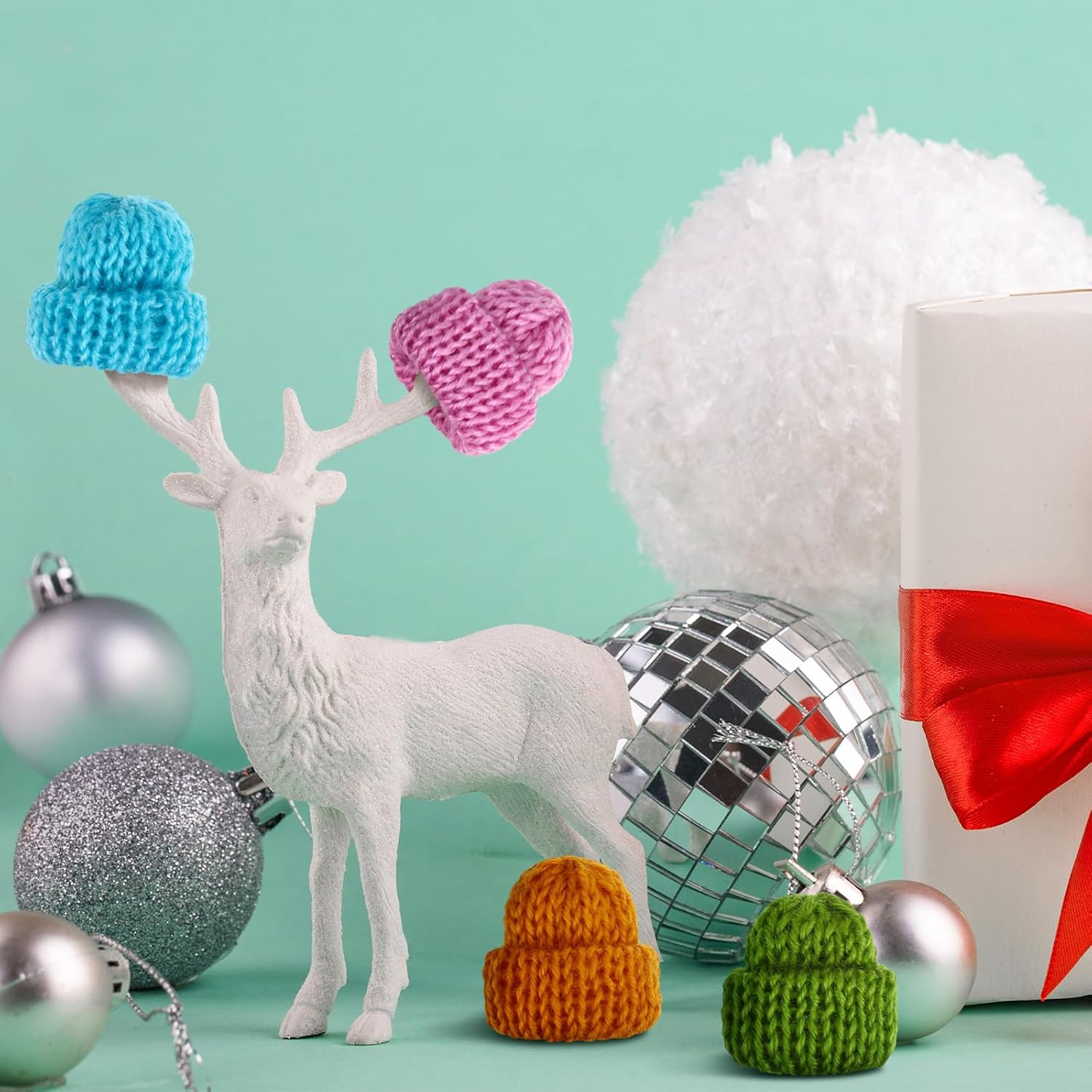 EBOOT 48 Pcs Mini Knit Hats for Crafts Mini Wool Yarn Doll Hats for Winter Decor Crafts Art DIY Hair Accessories Bottle Caps Christmas Tree Hanging Ornaments