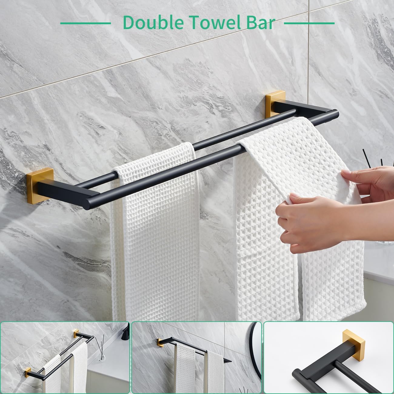 Miyili 4-Piece Bathroom Hardware Kit Set Stainless Steel Wall Mount - Includes Double Towel Bar, Hand Towel Rack, Toilet Paper Holder, Robe Hook, Black & Gold, BS02BG4 - Image 5