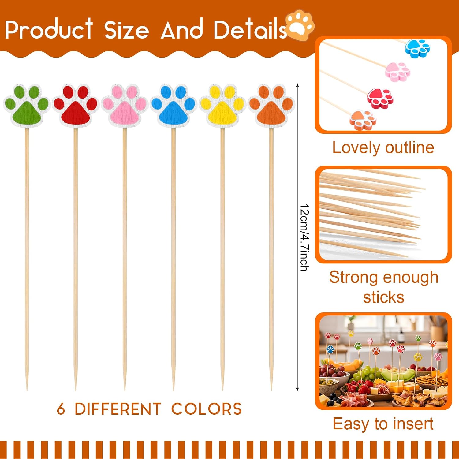 Queekay 60 Pcs Paw Cocktail Picks Dog Cupcake Toppers Bamboo Party Decor
