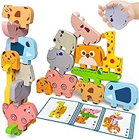 Maaacute Montessori Wooden Animal Stacking Blocks for 1-4 Year Olds - 10pc Sorting Puzzle Toy with Challenge Cards, Toddler Birthday Gift
