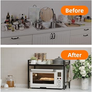 2 Tiers Expandable Microwave Shelf Stand with 6 Hooks, Adjustable Kitchen Storage Rack Organiser, Carbon Steel Metal Countertop Oven Free Standing Shelves for Air Fryer, Toasters, Desktop Printer