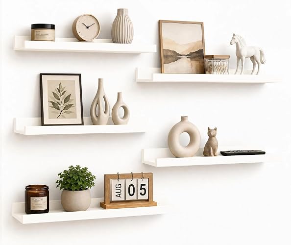 24inch Long Floating Shelves for Wall Decor, 5-Set Shelves with Lip, White | Display Picture Ledge Shelf, Anti-drop lip Wood Shelf for Room Wall Mounted, Bedroom Bathroom Storage Nursery Book,Easy Setup