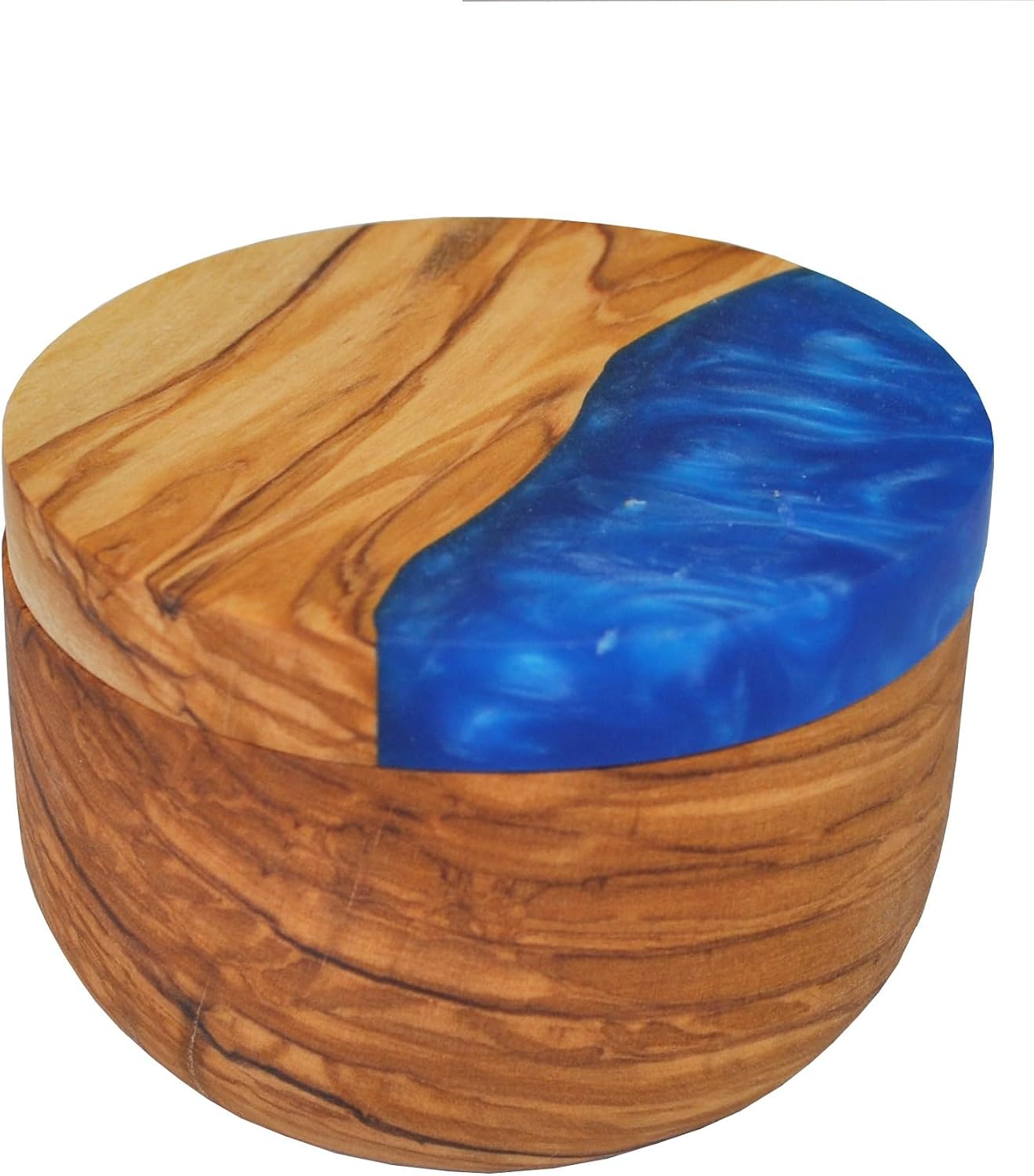 Naturally Med Olive Wood Salt Cellar/Salt Keeper with Blue Swirl Resin Magnetic Lid