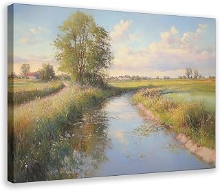 Countryside River Scene With Green Fields And Trees Oil Painting, Cottage Core Art Poster for Room Aesthetics Canvas Wall Art Print Frame 12x18inch