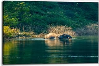 Wild asian male elephant tusker big tusks swimming water crossing Canvas Wall Art Decor Paintings Pictures for Bedroom Wall Decor Above Bed Living Room Wall Decoration Bathroom Office Artwork