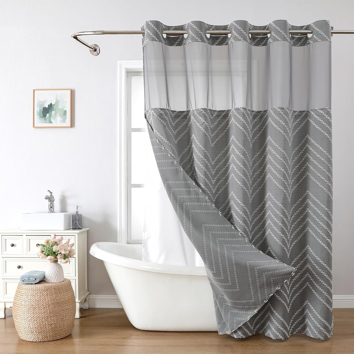 Grey No Hook Shower Curtain with Snap-in Liner Set,Boho Modern Farmhouse White Tufted Chevron Striped Design,Woven Fabric Bathroom Curtain,71x74