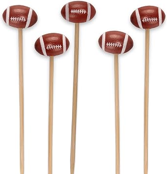 BambooMN 3.9" Decorative Sports Ball End Bamboo Cocktail Fruit Sandwich Picks Skewers for Catered Events, Holidays, Restaurants or Buffets Party Supplies, Football, 100 pcs