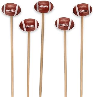 BambooMN 5.9"Decorative Sports Ball End Bamboo Cocktail Fruit Sandwich Picks Skewers for Catered Events, Holiday's, Restaurants or Buffets Party Supplies, Football, 100 pcs