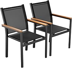 LIFERUN Set of 2 Garden Chairs Aluminium Stackable Textilene WPC Handrail Balcony Chairs for Terrace Balcony Terrace Pool Restaurants Weatherproof Colour