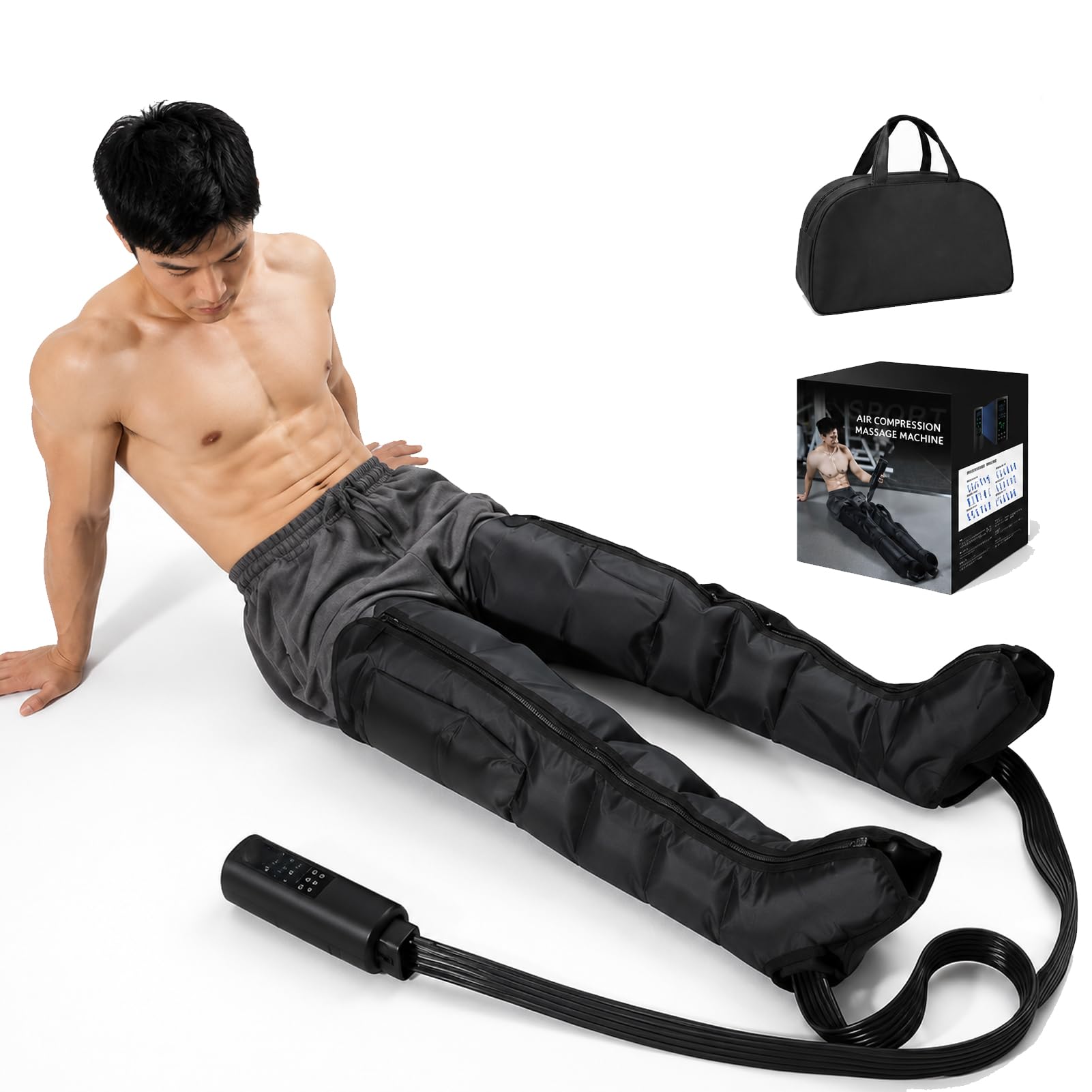 Presoterapia Recargable Botas Compresión 6 Cámaras, Masajeador de Piernas por Compresión de Aire, Drenaje Linfático Eléctrico con Presión Ajustable y Temporizador para Recuperación Muscular