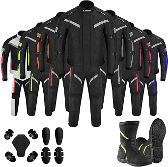 Mens Motorbike 2 Piece Suit   Cordura Motorbike Jacket and Trousers with CE Armoured Protection, with leather Long boots Waterproof Riding Gear for Men & Boys