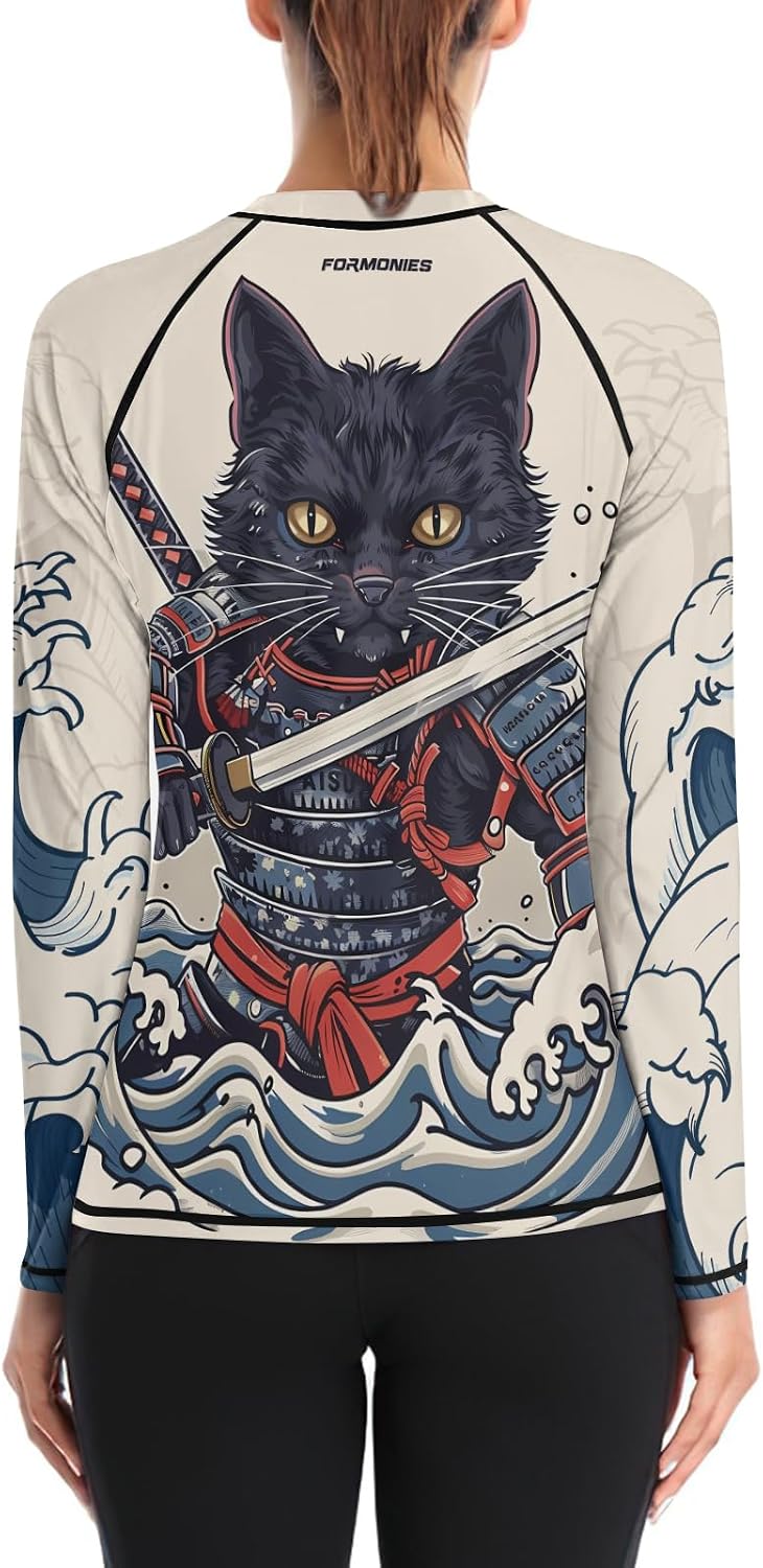 FORMONIES Samurai Pets Women’s Compression Shirt – Long Sleeve Rash Guard Base Layer for MMA BJJ Grappling