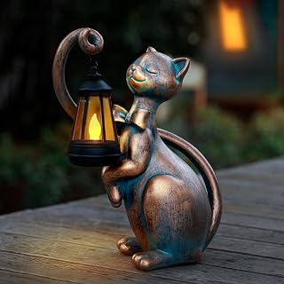 WHIMSYNOOK 10.7” Bronze Cat Statue Solar Light, Outdoor Garden Decor | Decorative bronze-look resin cat statue with solar glow, made as yard decor with weather-resistant outdoor design