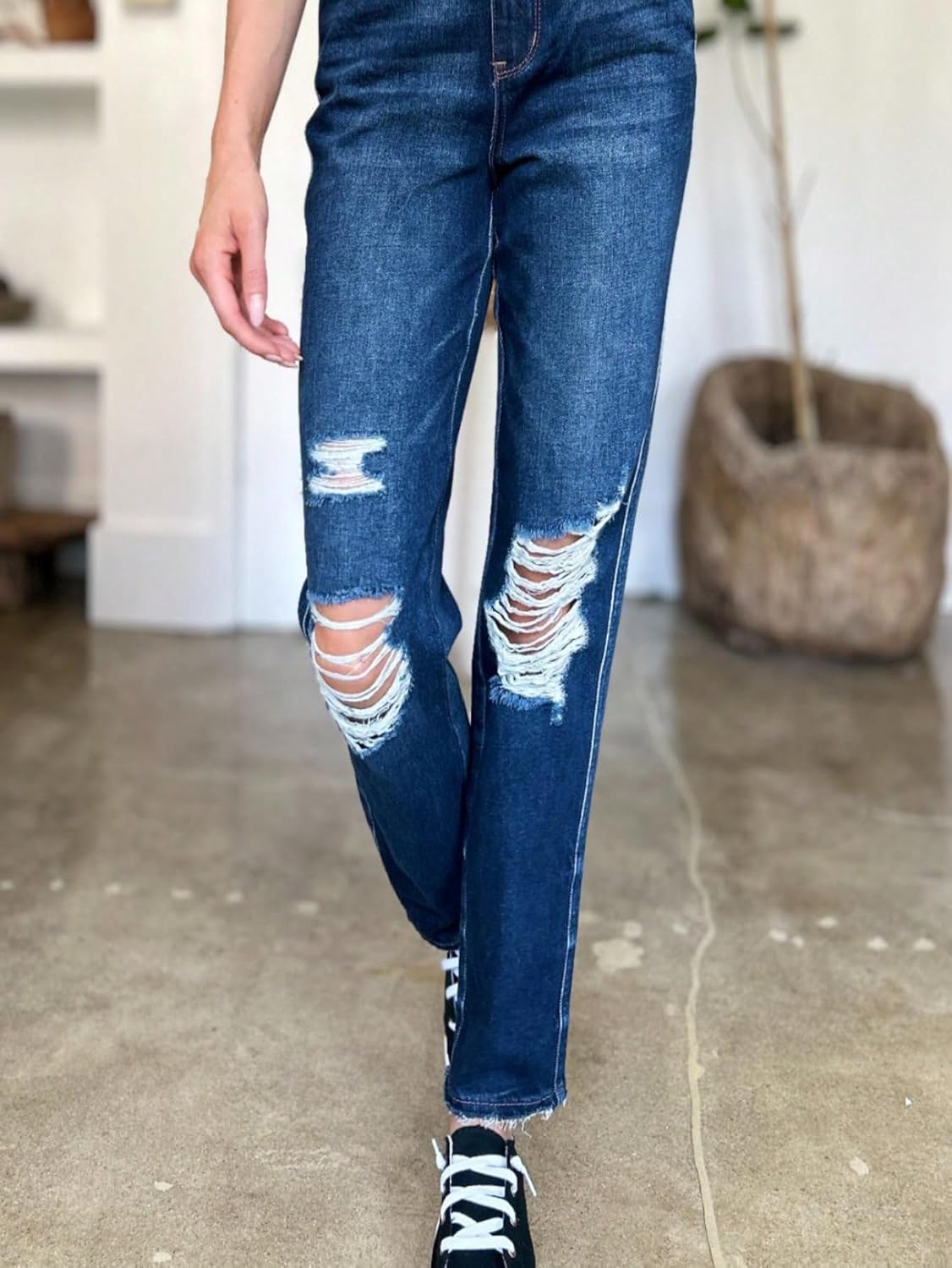 Judy-B Women's Casual Jeans High-Waisted Rigid Magic Heavy Destroy Straight Denim Pants Dark Blue with Ripped Details - Image 3