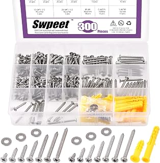 Swpeet 300pcs Stainless Steel Flat Head and Self Tapping Screws with Pan - #6 x 3/8 Inch to 1-1/2" - for Drywall, Wood, Plate - with Flat Washers and Anchors