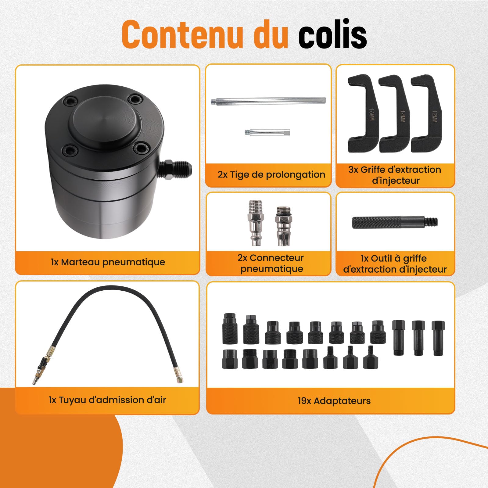 maXpeedingrods Extracteur d'injecteur diesel, 19 adaptateurs M8-M31 x 1,0 | extracteur pneumatique à air comprimé, extracteur d'injecteurs, M8 M14 M16 M17 M22 M25 M26 M31 x 1,25 1,5 1,0 0,75