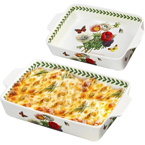 ACMLIFE Ceramic Casserole Dish Set, Ceramic Baking Dish for Oven, Casserole Dish Bakeware Set, Casserole Dishes for Oven, Lasagna Pan, Large Baking Dishes with Handles, Microwave, Dishwasher Safe, Gift Packaging Floral 2 Pcs Set(13"x8"+10.3"x6.3") (Beauty)