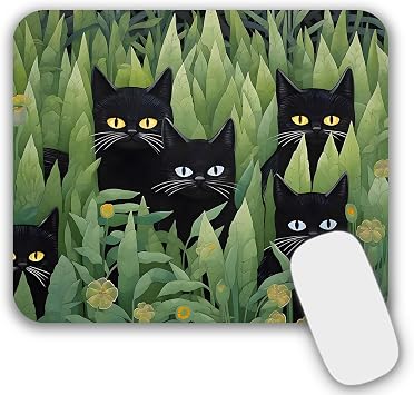 Mouse Pad, Gaming Mouse Pad, Non-Slip Rubber Base Mouse Mat with Designs for Laptop, Computer & Office, 9.5 x 7.9 x 0.12 inches Black Cats in Grass