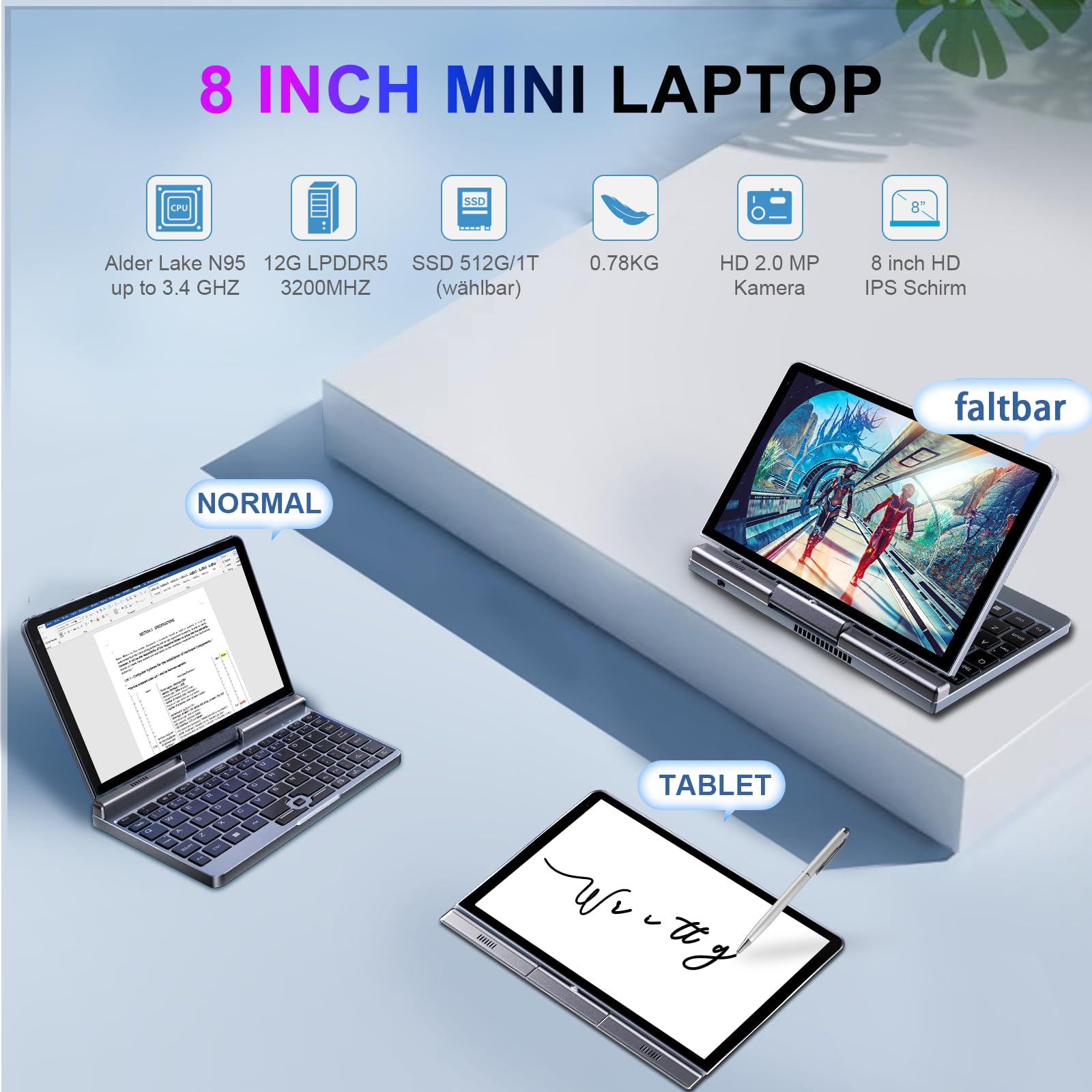 8" Touchscreen Laptop, Mini Laptop 2 in 1 con Tastiera 12GB LPDDR5-RAM, 512GB/1TB SSD, Wi-Fi 6, BT 5.2, HDMI, fotocamera 2 MP, computer convertibile (N150-12GB+512GB)