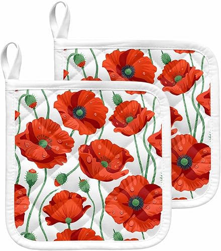 Paquete de 2 soportes para ollas para cocina, flores de amapola naranja, a prueba de calor, con lazo para colgar, soportes para ollas calientes para