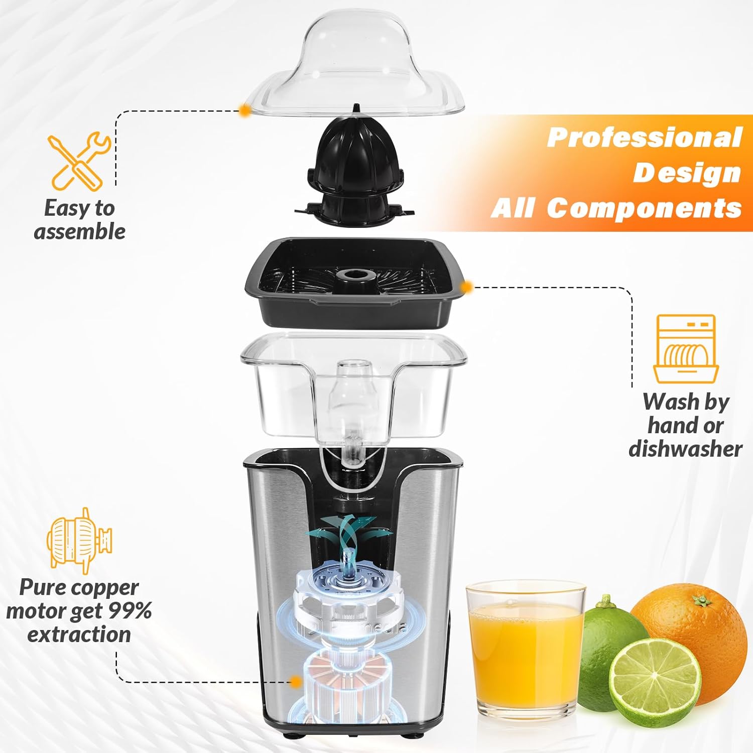 Electric Citrus Juicer Stainless Steel - 40W Orange Juicer with Adjustable Anti-Drip Spout & 2 Cones for Lemon,Limes, Grapefruit - Auto-Reversing Squeezer for Fresh Fruit Juice