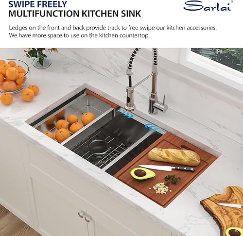 Vista 30 de Sarlai Fregadero doble de 33 piezas para empotrar - Fregadero de cocina de 33 x 19 pulgadas, acero inoxidable de calibre 16, esquina redonda, doble