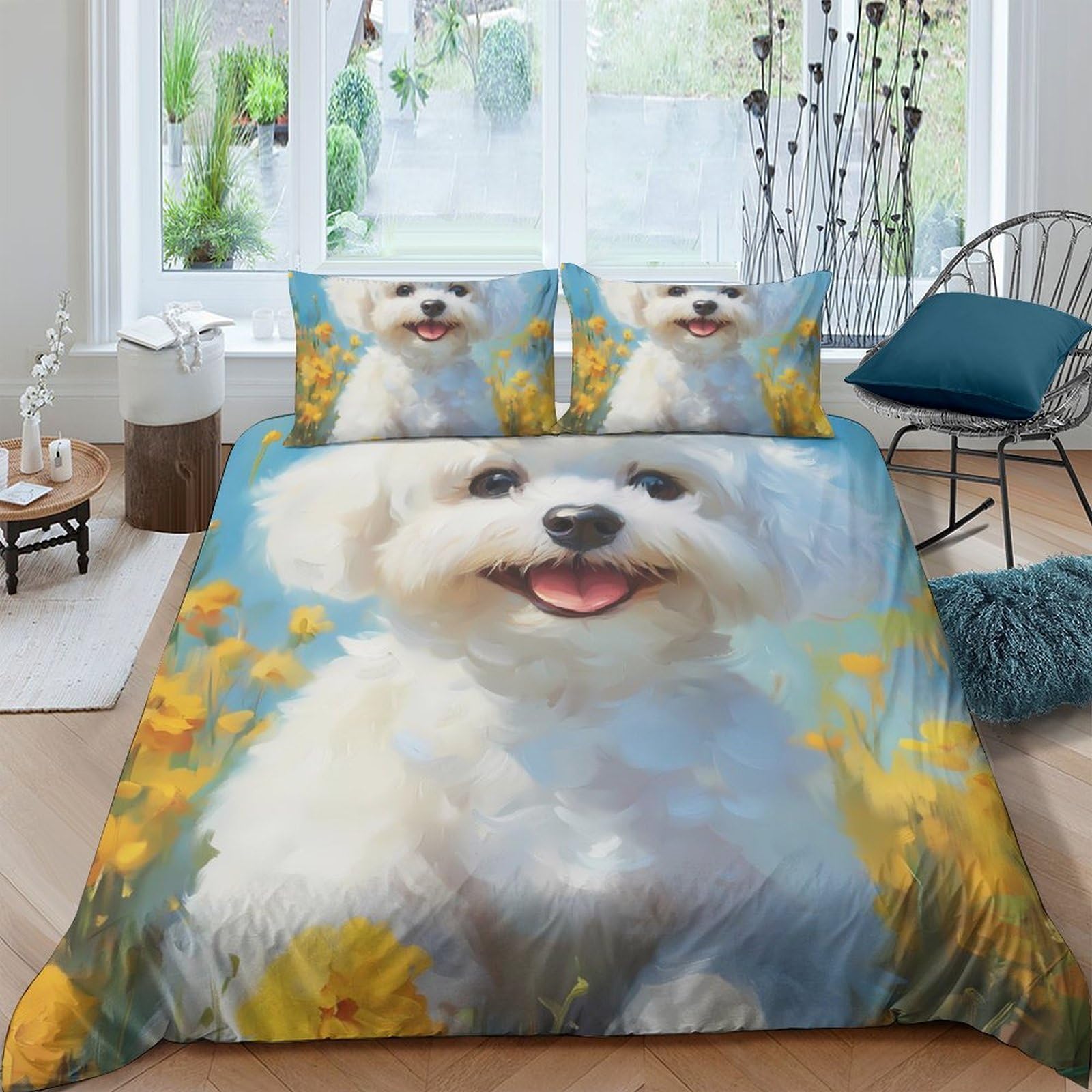 Ctjqhvkz Style-7 3D Printed White Puppy Fitted Sheet Microfiber Soft Breathable Yellow Daisy Bed Cover For Bedroom Guest Room Dorm Decor Single（135X200cm）